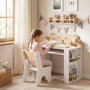 Børnebord og stol, 2-delt børnesædesæt med bogreol og opbevaringsrum, bjørnedesign, til børn 3-8 år, hvid
