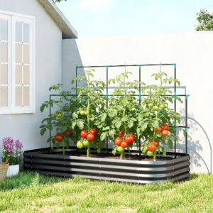 Højbed med espalier, metalkasse med beskyttelseskant, handsker, 220 x 110 x 150 cm, mørkegrå