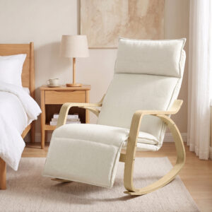 Gyngestol i linnedlook med justerbar fodstøtte i 5 positioner og linnedlook, til stuen, cremehvid