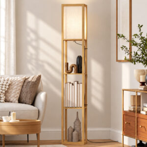Gulvlampe med 3 hylder, gulvlampe med E27-fatning, 26 x 26 x 160 cm, til stue/soveværelse (uden pære)