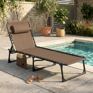 Foldbar liggestol med pude, sidelomme, liggestol med 5-vejs justerbar ryglæn, vejrbestandig campingliggestol med en lasteevne på op til 120 kg, til have, strand, pool, brun