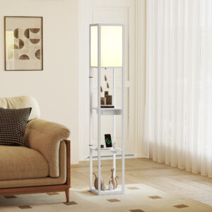 Gulvlampe med 3-lags hylde, fodkontakt, USB-porte, MDF, hvid
