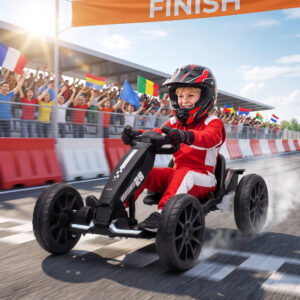 Elektrisk gokart til børn, 12V gokart med 2 motorer, 4-vejs justerbart sæde, blød start, EVA-hjul, LED-forlygter