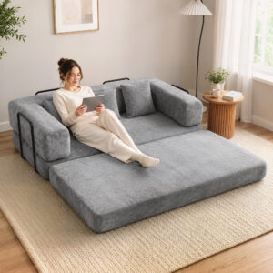 205 cm sovesofa, 5-i-1, rammeløs futonsofa, 75 cm dybt sæde, højdensitetsskum, grå, ingen samling nødvendig
