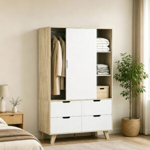 Moderne garderobe med skydedøre, garderobestang, justerbare hylder og 4 skuffer, eg/hvid