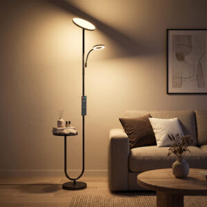 LED-loftlampe med sidebord og læselampe, dæmpbar gulvlampe med fjernbetjening, 4 farvetemperaturer