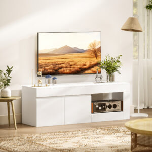 Moderne TV-lavbord til stuen med 2 døre, åbent rum og håndtag, til TV'er op til 60 tommer, 140 x 40 x 48 cm, hvid