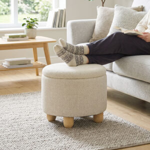 Opbevaringsskammel, rund puf med låg, linnedlook til stue, soveværelse, 38,5x38,5x33,5 cm, beige