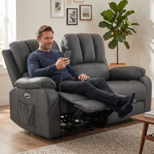2-personers elektrisk hvilesofa i kunstlæder med massage- og varmefunktion, 2 fjernbetjeninger, USB/USB-C-porte