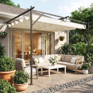 Terrasseoverdækning til pergola ca. 4x3m, terrasseoverdækning med justerbart tag, vægmontering, UV 30+, cremehvid