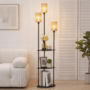 Boho gulvlampe med 3 lyskilder, 3 hylder og skærm af papirsnor, sort