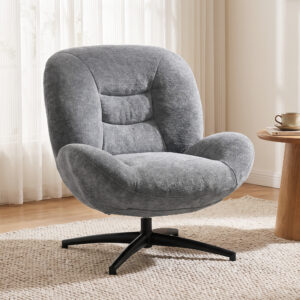 Drejelig lænestol til stuen, loungestol med bredt sæde, integreret armlæn, chenille-look, mørkegrå