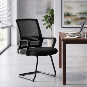 Sæt med 2 ergonomiske kontorstole uden hjul, polstrede konferencestole med medebase til venteværelser og receptionsområder, sort
