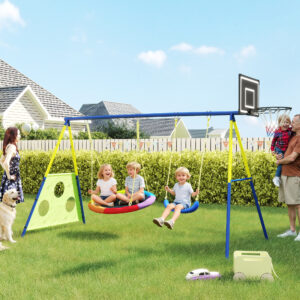 4-i-1 gyngesæt op til 150 kg med redegynge, basketballkurv, fodboldmål, U-gynge, 288 x 160 x 220 cm