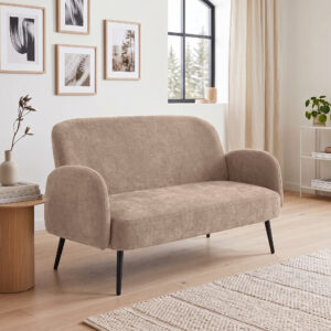132 cm 2-personers sofa, lille fløjlsofa med bredt sæde, polstring og metalben, brun