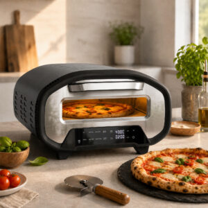 Indendørs pizzaovn, 12-tommer elektrisk pizzaovn med 8 programmer, 430 °C, timer, keramisk sten, 2200 W