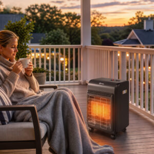 Gas terrassevarmer, udendørs, 1,5-4,2 kW, med hjul, 3 effektniveauer, 50 cm slange, trykregulator