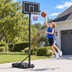 Børnebasketballkurv, 179-209 cm højdejusterbar, mobil basketballstander med hjul, 76 x 45 cm bagpanel kan fyldes