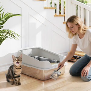 Åben kattebakke i rustfrit stål med ske, høje sider, til store katte op til 7 kg, 60,2 x 40,2 x 29,7 cm, grå