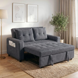 2-personers sovesofa, fløjlsbetræk, kan laves om til en sovesofa, 2 hynder, sidelommer, 157 x 190 cm, mørkegrå