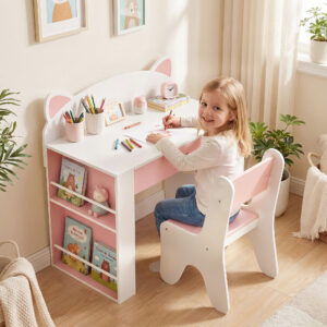 Børnebord og stol, 2-delt børnesædesæt med bogreol og skuffe, rævedesign, til børn 3-8 år, hvid og pink