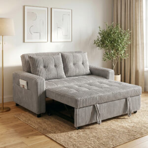 2-personers sovesofa, fløjlsbetræk, kan laves om til en sovesofa, 2 hynder, sidelommer, 157 x 190 cm, lysegrå