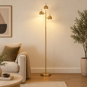 Gulvlampe, 350° justerbar, til stue og kontor. Gulvlampe med 3 skærme af stål, guld.