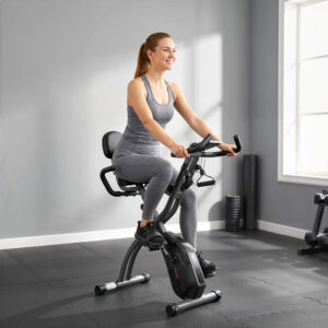 3-i-1 motionscykel, foldbar, støjsvag liggende motionscykel med LCD-skærm, Bluetooth, pulsmåler og modstandsbånd