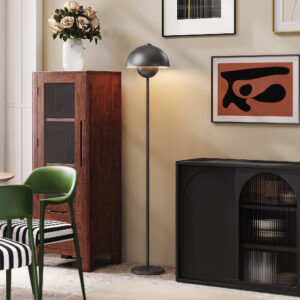 Gulvlampe, rund skærm, fodkontakt, langt kabel, elegant look, metal, grå