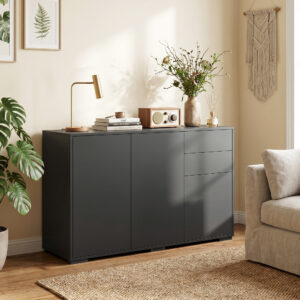 Skænk, kommode, credenza, 2 skuffer, tryk-klik, 117 cm x 36 cm x 74 cm, sort