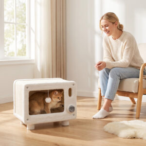 Kattehus i TV-design, kattehule med hængekøje og legebold, sisal kradsemåtte, til katte op til 7 kg, 50 x 33 x 42 cm