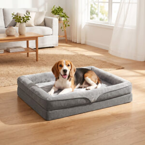 Hundeseng med hævede kanter, skridsikker bund, linnedlook, vaskbar, stænksikker hundehynde, 91x68x16cm